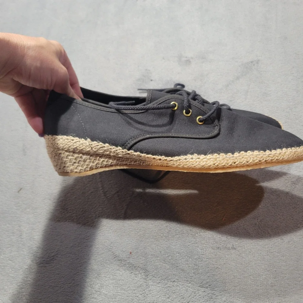 Outdorables Espadrille Wedge Womens 8 Black Canvas‎ Lace Up Pointed Toe Made USA